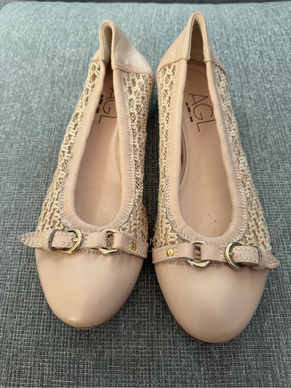 AGL Nude Leather & Crochet Ballet Flats with Gold Buckles